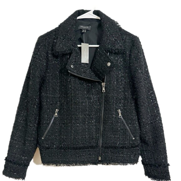 Ann Taylor Tweed Metallic Moto Jacket Womens 12P Black Asymmetric Frayed Zip Up - Picture 2 of 7